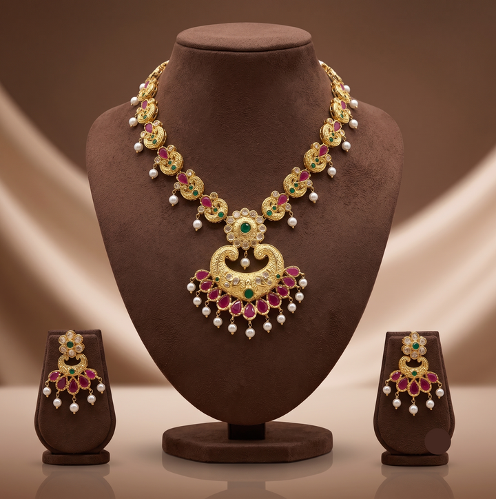 Royal Antique Red CZ Peacock Necklace Set with Fancy Pearl Drops | SHOBITAM