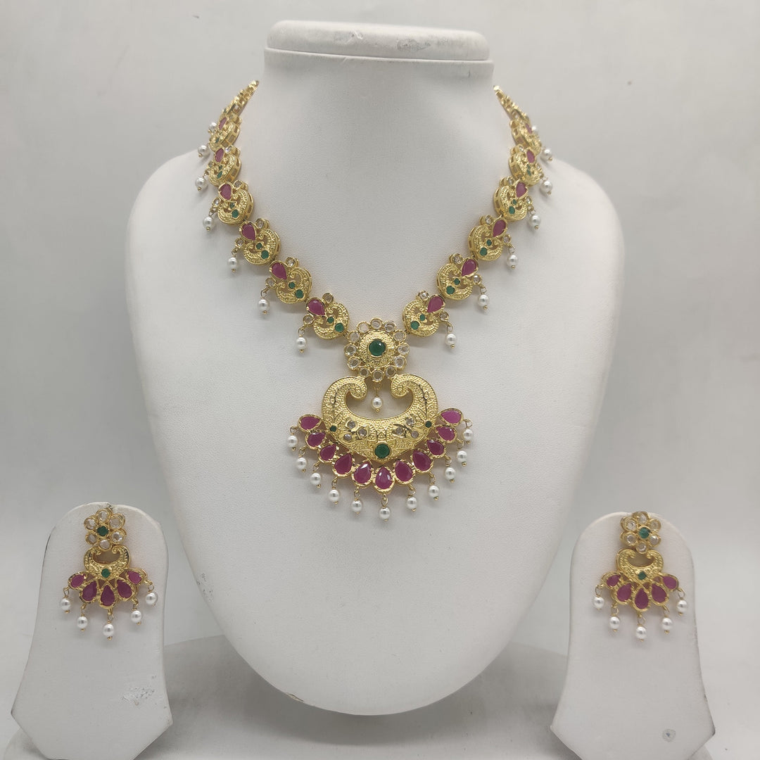 Royal Antique Red CZ Peacock Necklace Set with Fancy Pearl Drops | SHOBITAM