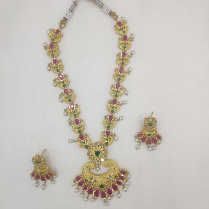 Royal Antique Red CZ Peacock Necklace Set with Fancy Pearl Drops | SHOBITAM