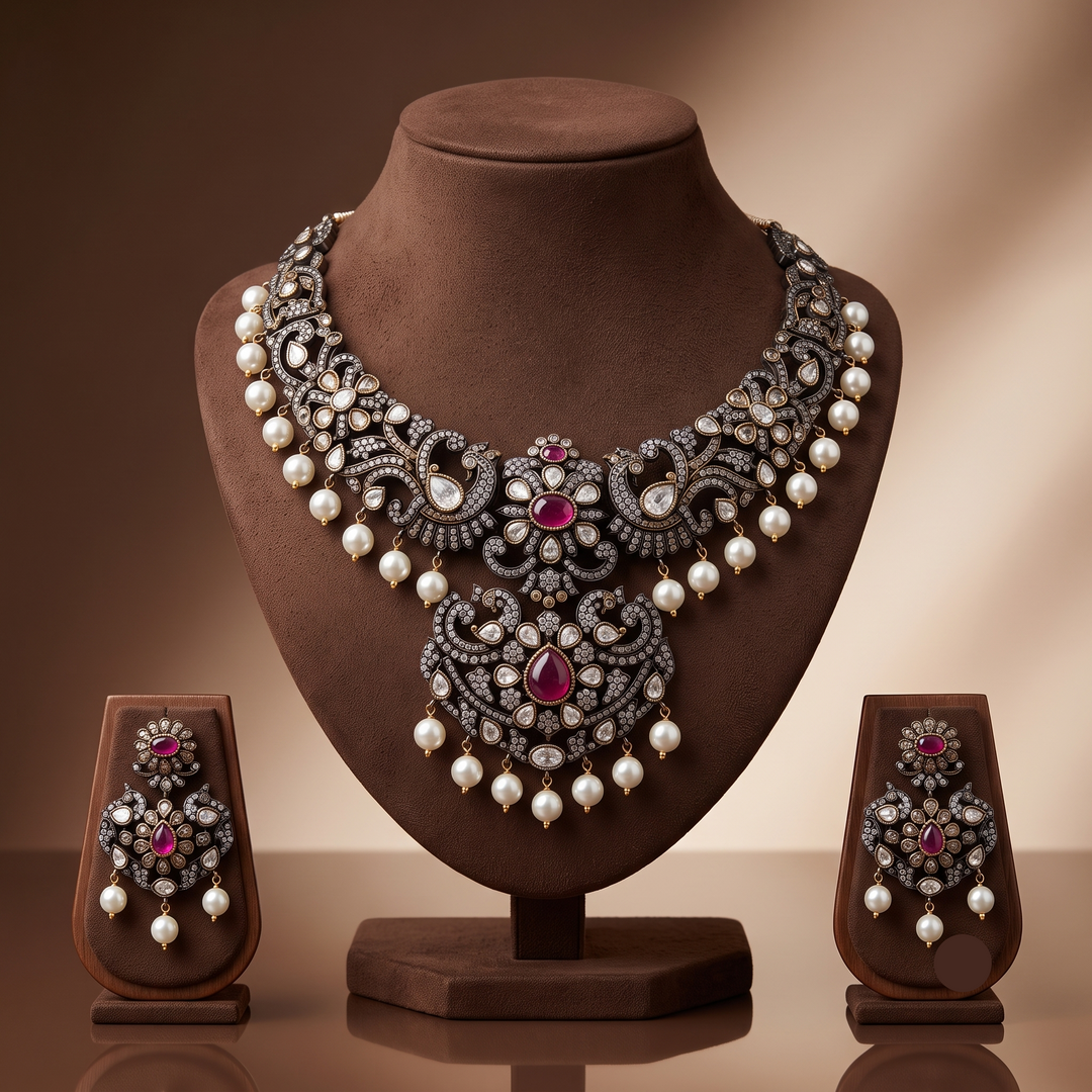 Royal Antique CZ Peacock Necklace Set with Pearl Drops | SHOBITAM