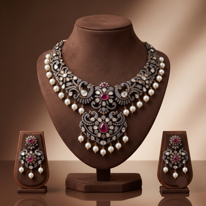 Royal Antique CZ Peacock Necklace Set with Pearl Drops | SHOBITAM