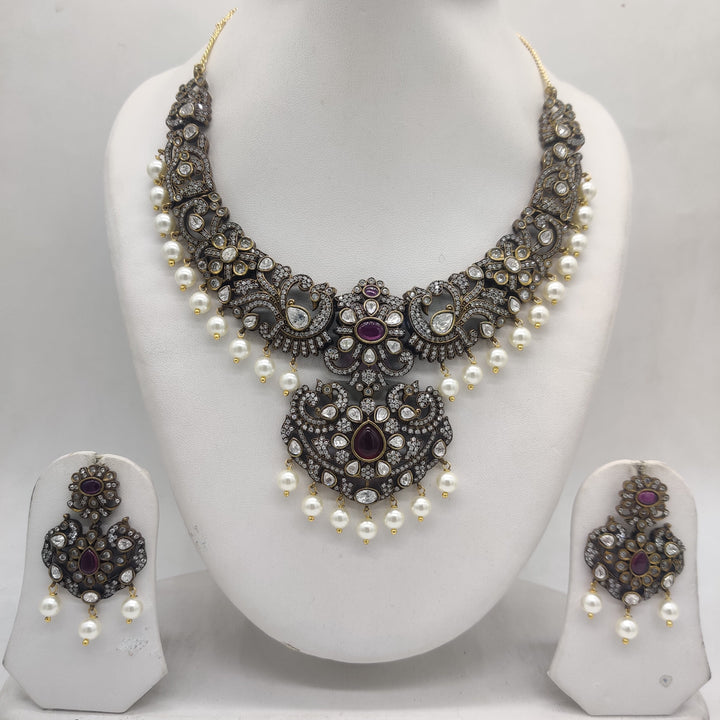 Royal Antique CZ Peacock Necklace Set with Pearl Drops | SHOBITAM
