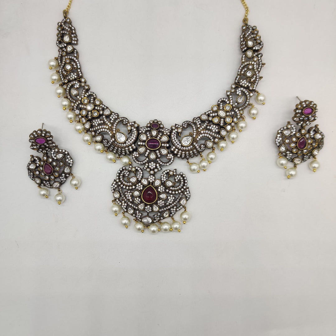Royal Antique CZ Peacock Necklace Set with Pearl Drops | SHOBITAM