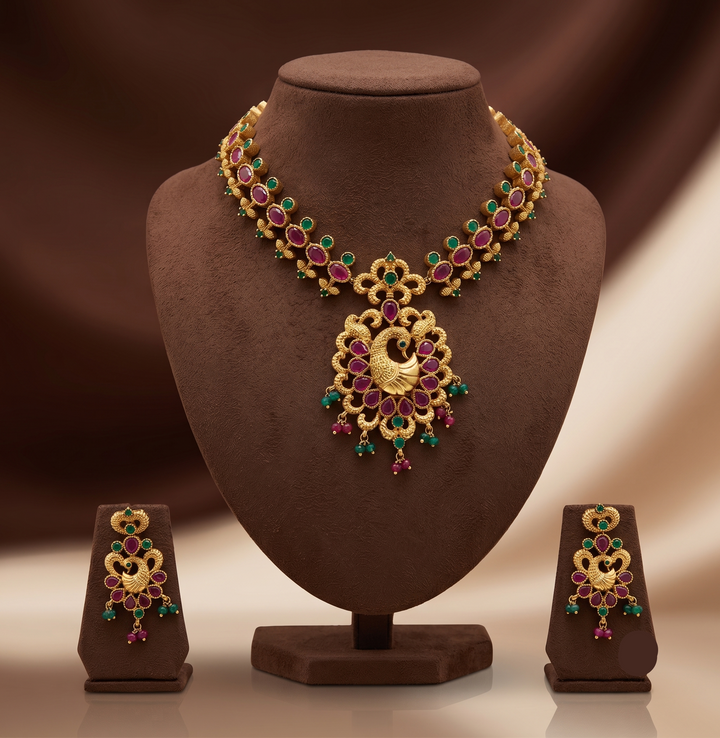 Royal Multicolour CZ Peacock Necklace Set | SHOBITAM
