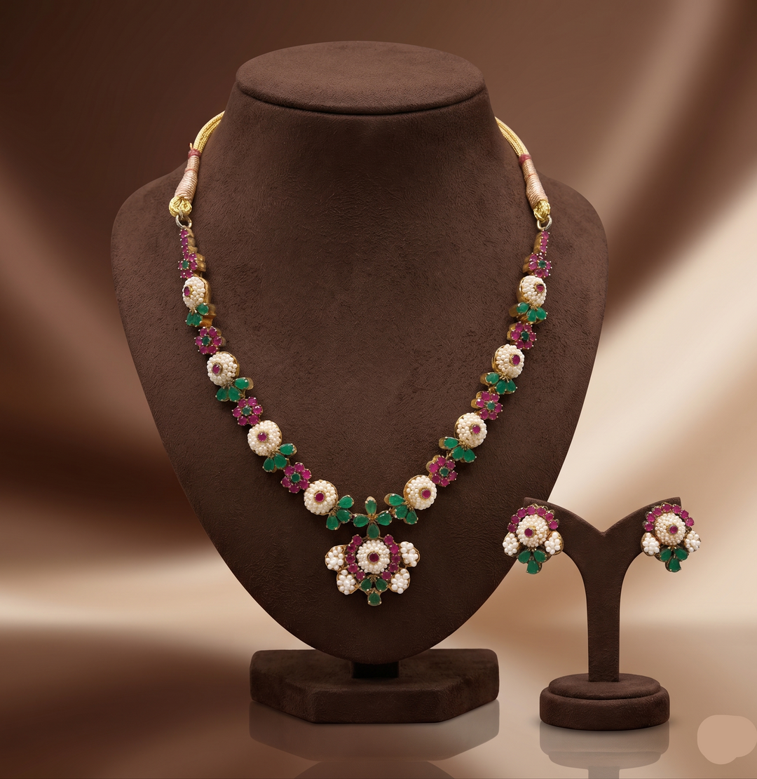 Royal Multicolour Pearl & CZ Floral Necklace Set | SHOBITAM