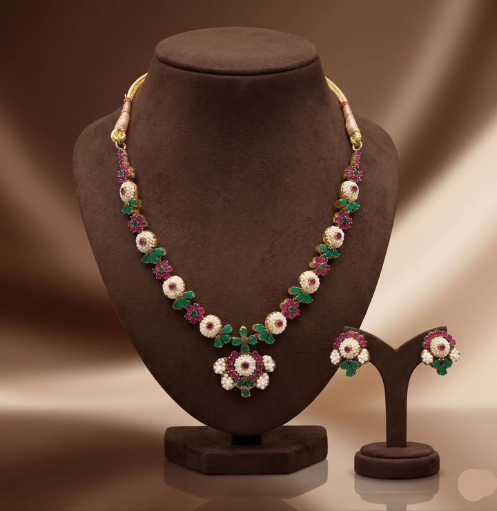Royal Multicolour Pearl & CZ Floral Necklace Set | SHOBITAM