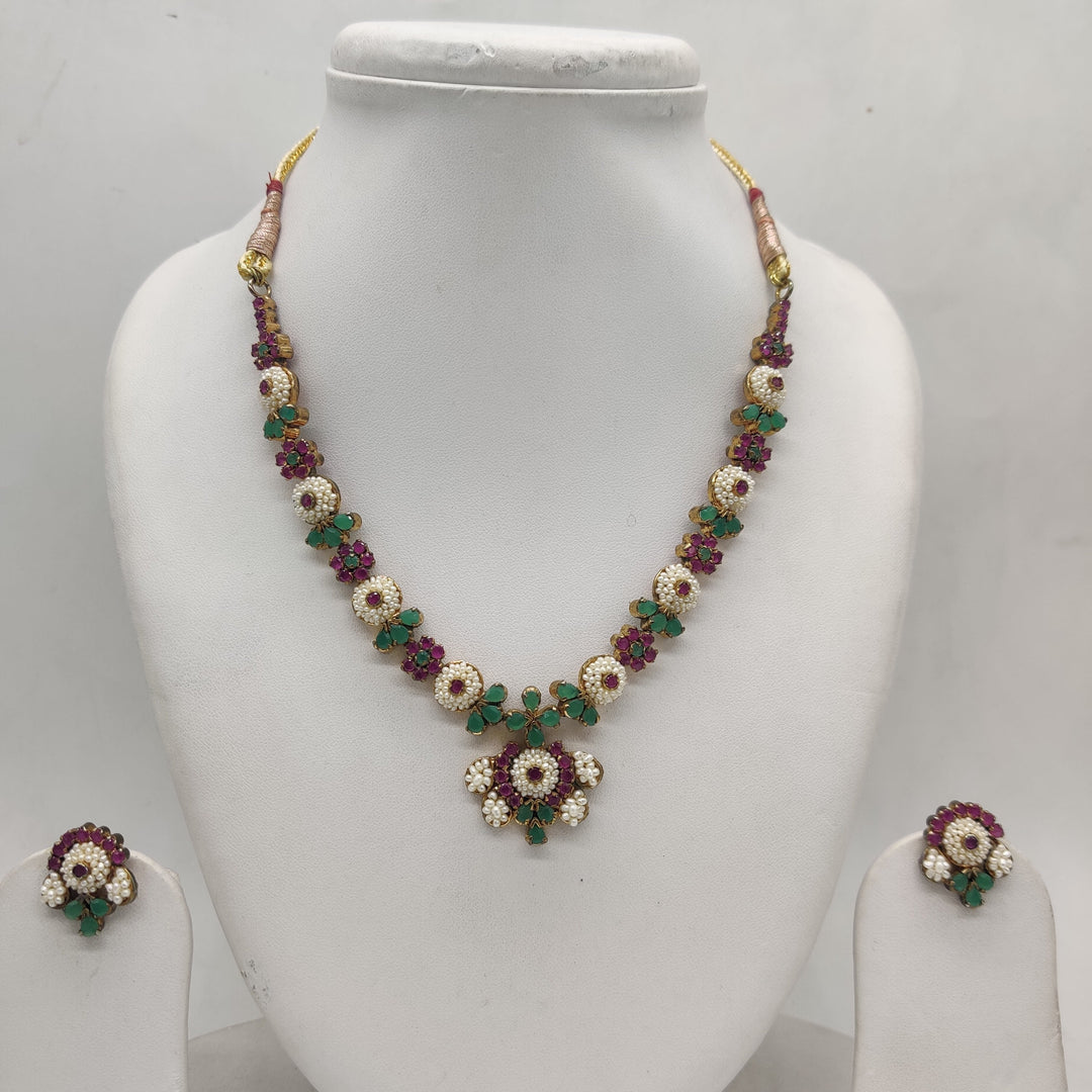 Royal Multicolour Pearl & CZ Floral Necklace Set | SHOBITAM