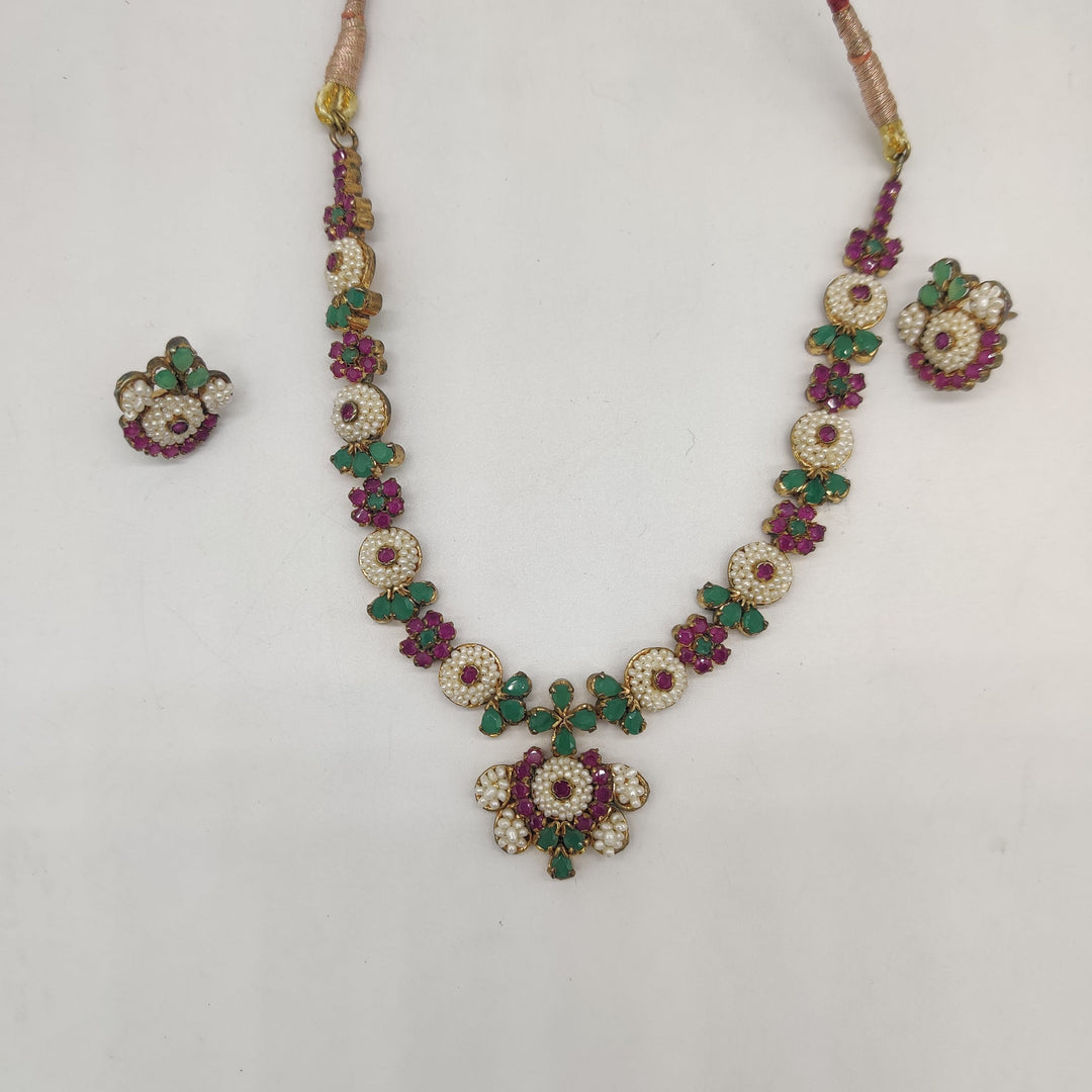 Royal Multicolour Pearl & CZ Floral Necklace Set | SHOBITAM
