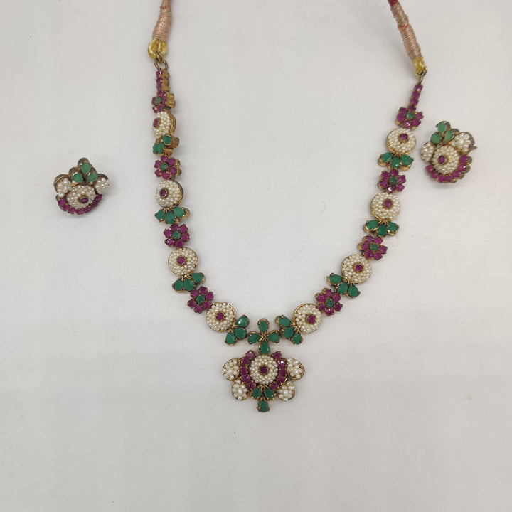 Royal Multicolour Pearl & CZ Floral Necklace Set | SHOBITAM