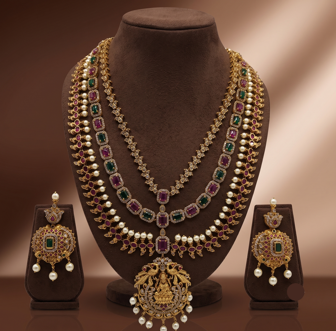 Royal Triple Line Temple Necklace Set with Pearl Drops | SHOBITAM