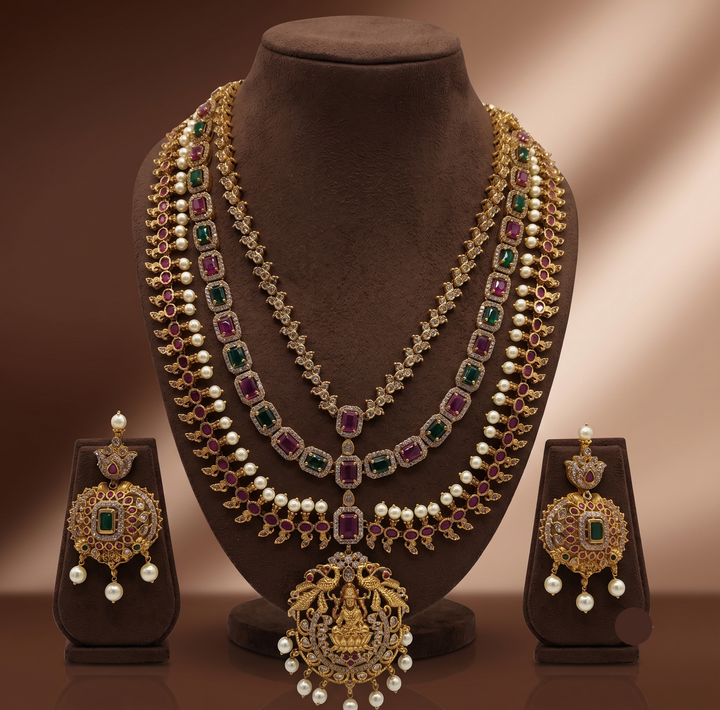 Royal Triple Line Temple Necklace Set with Pearl Drops | SHOBITAM