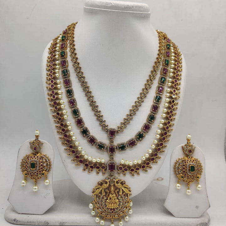 Royal Triple Line Temple Necklace Set with Pearl Drops | SHOBITAM