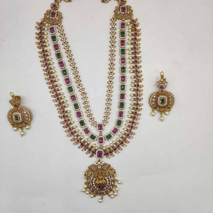 Royal Triple Line Temple Necklace Set with Pearl Drops | SHOBITAM