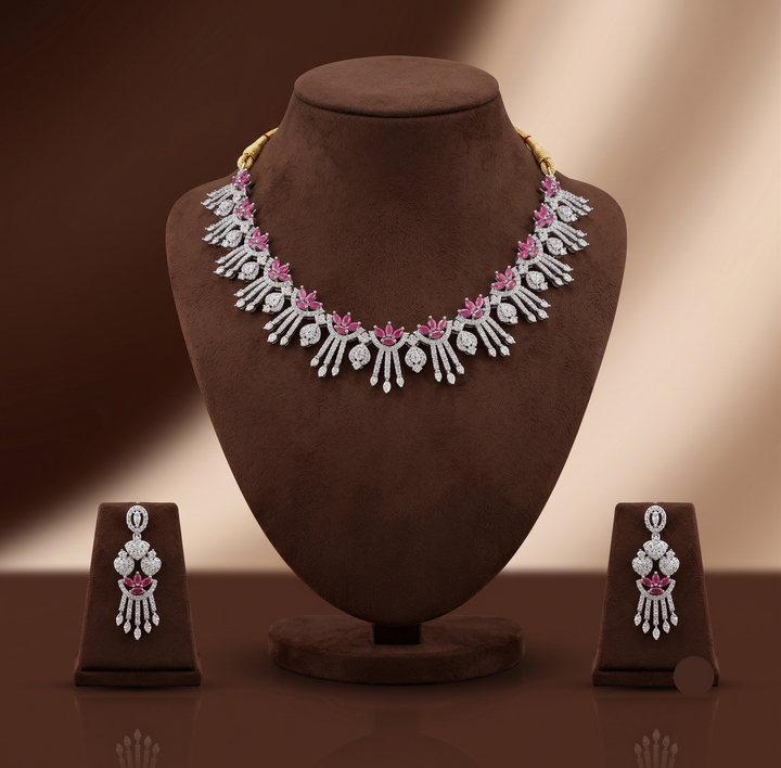 Royal White & Pink CZ Floral Fringe Necklace Set | SHOBITAM