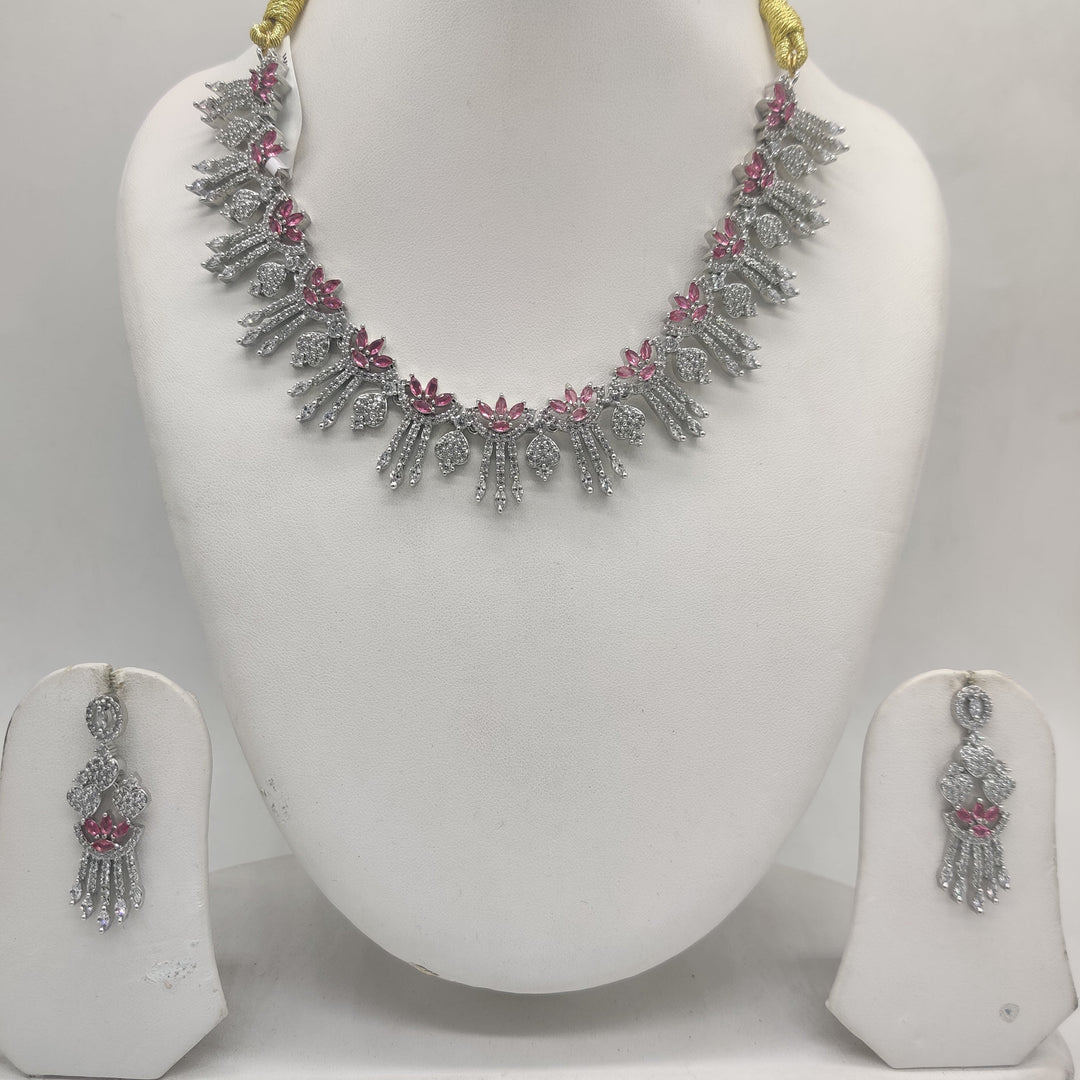 Royal White & Pink CZ Floral Fringe Necklace Set | SHOBITAM