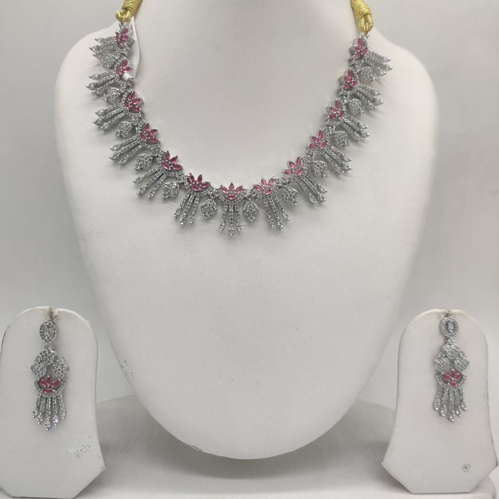 Royal White & Pink CZ Floral Fringe Necklace Set | SHOBITAM