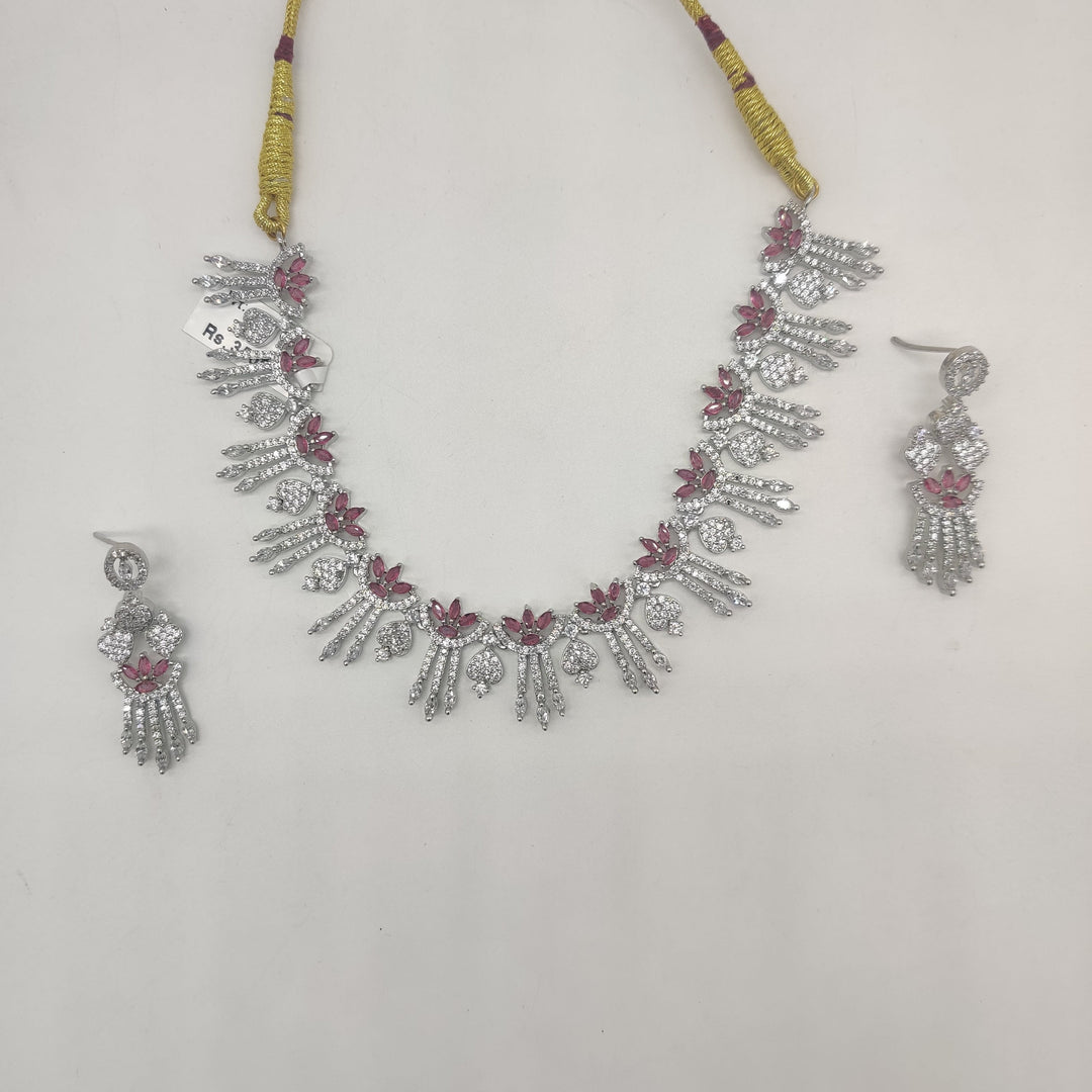 Royal White & Pink CZ Floral Fringe Necklace Set | SHOBITAM