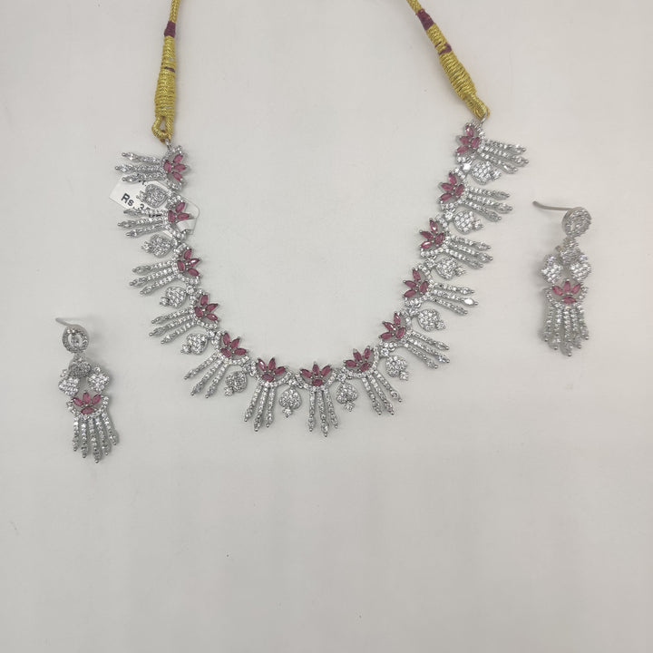 Royal White & Pink CZ Floral Fringe Necklace Set | SHOBITAM
