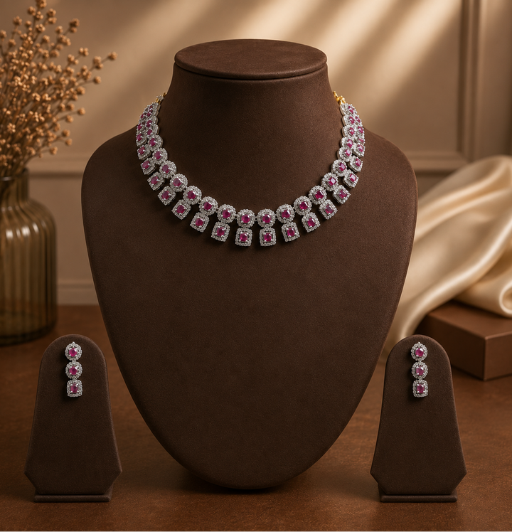 Royal White & Red CZ Geometric Choker Set | SHOBITAM