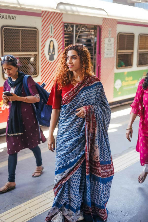Bombay ki Baarish Dabu Block Printed Indigo Cotton Saree | SHOBITAM