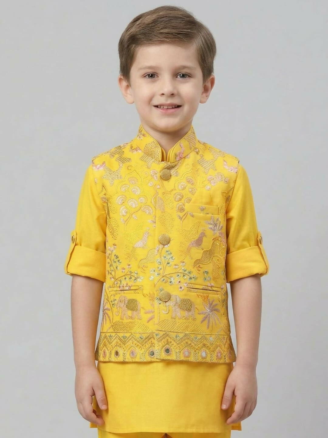 Boys Yellow Kurta Pajama Set with Embroidered Ethnic Jacket | SHOBITAM