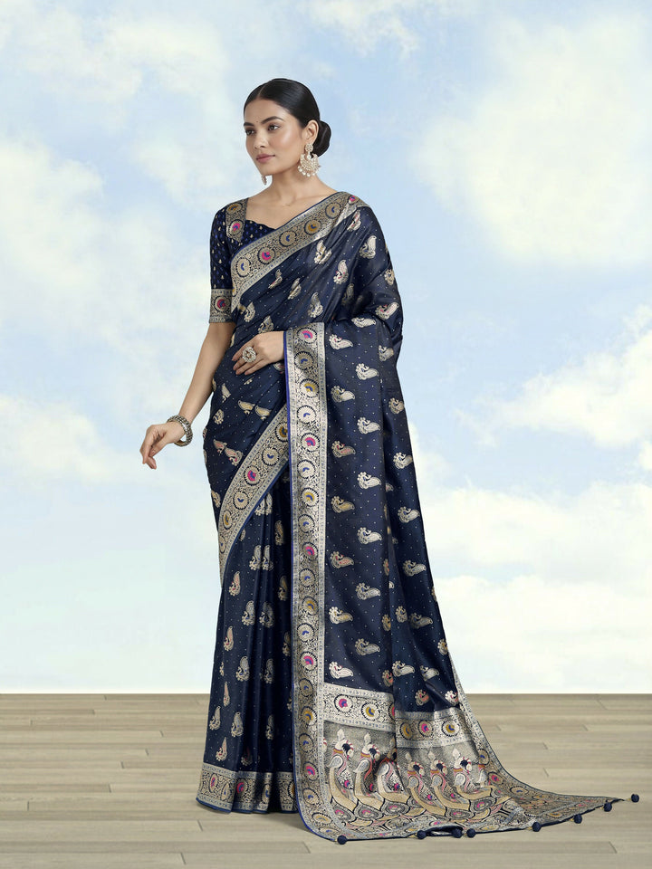 Blue Color Banarasi Satin Silk Zari Weaving Saree | SHOBITAM