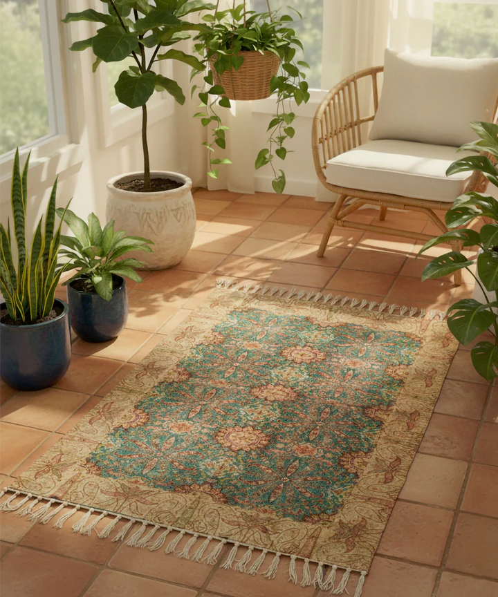 4x6 Feet Printed Rug | Bluish Green & Beige | Cotton | SHOBITAM
