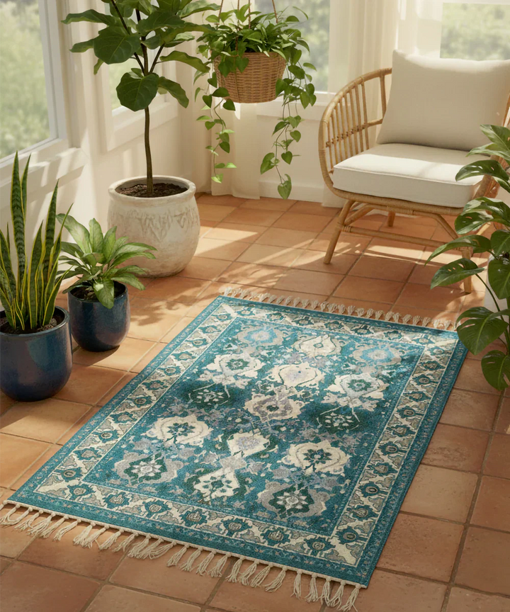 2x3 Feet Printed Rug | Greenish blue & beige | Cotton | SHOBITAM