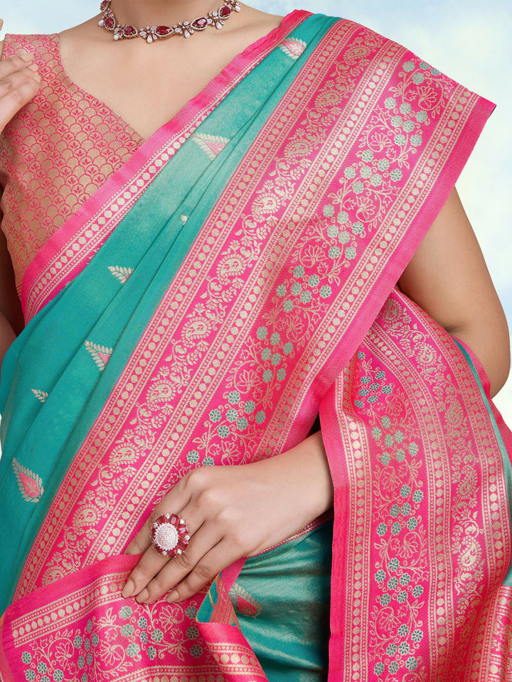 Semi Banarasi Tissue Silk Zari Woven Turquoise Saree | SHOBITAM