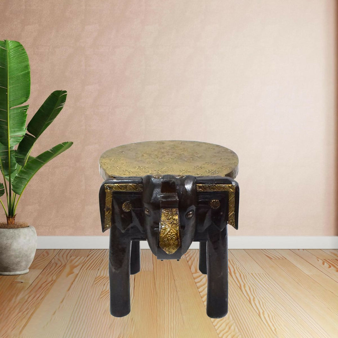 WOODEN ELEPHANT STOOL WITH BRASS WORK 8*10*8 | SHOBITAM