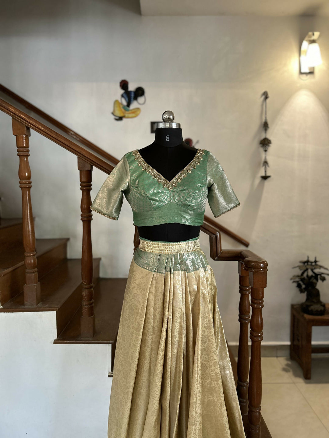 Sage Green Blouse with Champagne Gold Jacquard Skirt | SHOBITAM
