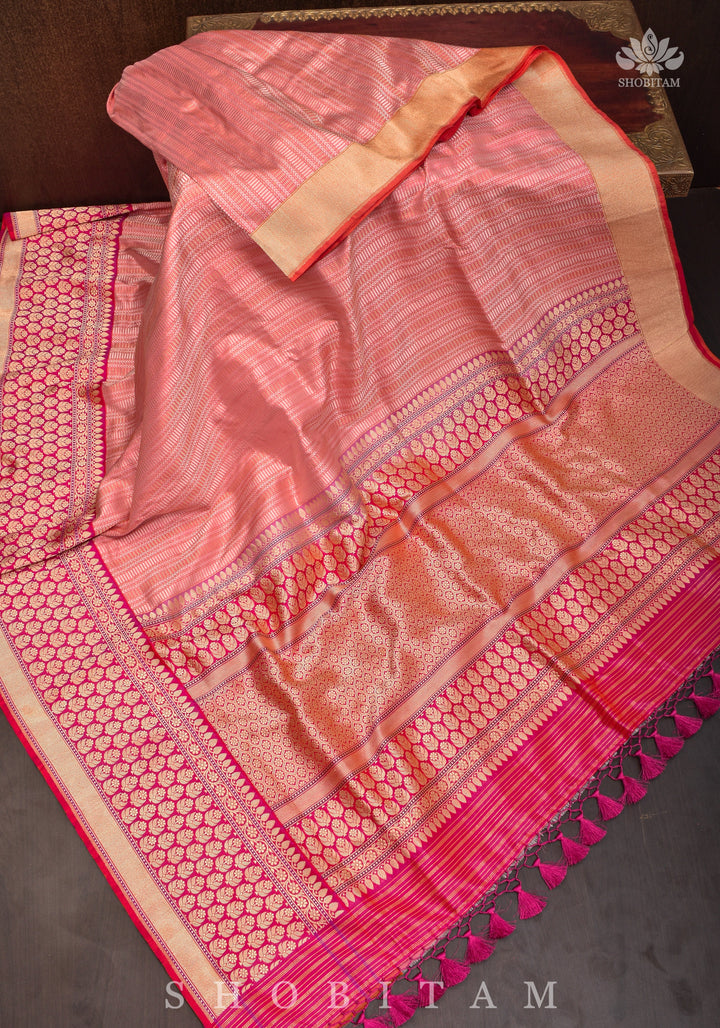 Peachy Pink Banarasi Brocade Silk Saree with Kadhiyal  Border | SILK MARK CERTIFIED