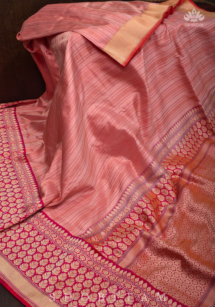 Peachy Pink Banarasi Brocade Silk Saree with Kadhiyal  Border | SILK MARK CERTIFIED