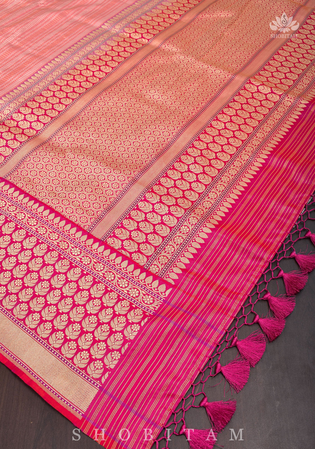 Peachy Pink Banarasi Brocade Silk Saree with Kadhiyal  Border | SILK MARK CERTIFIED