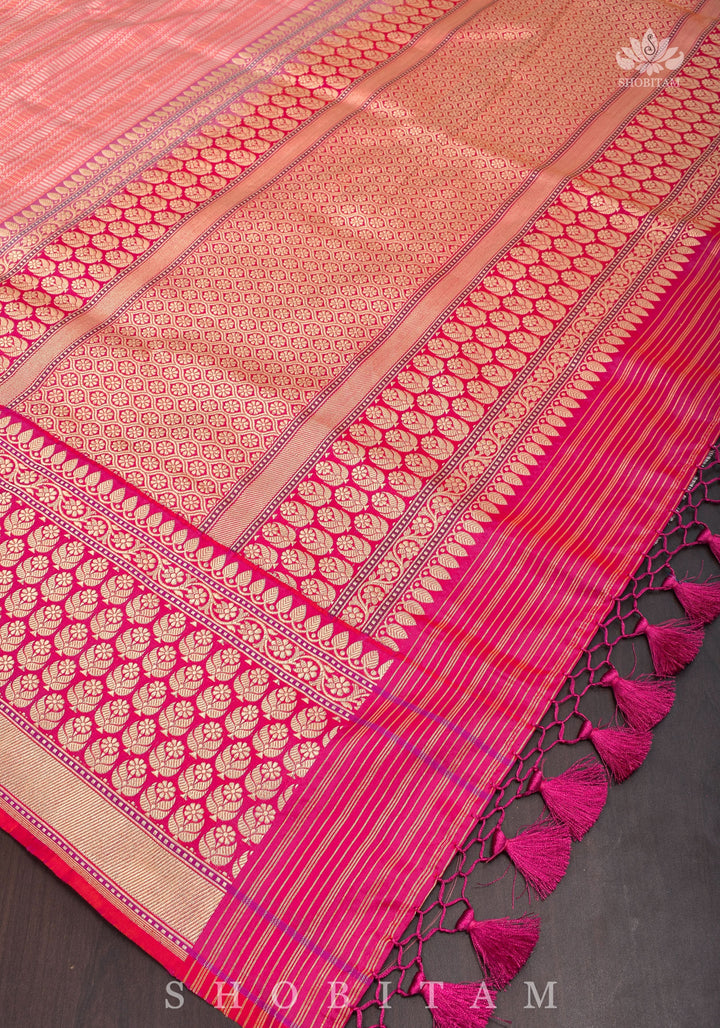 Peachy Pink Banarasi Brocade Silk Saree with Kadhiyal  Border | SILK MARK CERTIFIED