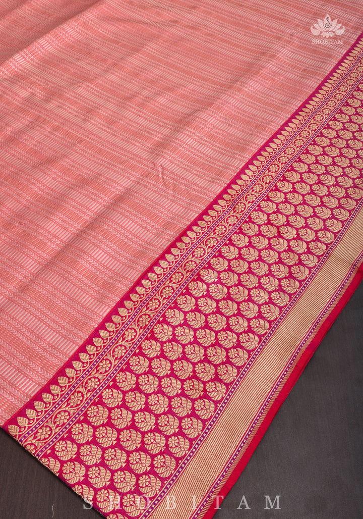 Peachy Pink Banarasi Brocade Silk Saree with Kadhiyal  Border | SILK MARK CERTIFIED