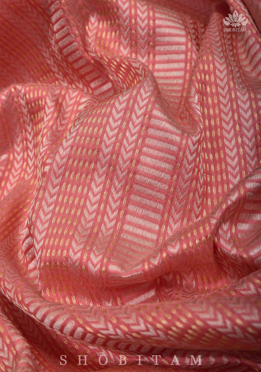 Peachy Pink Banarasi Brocade Silk Saree with Kadhiyal  Border | SILK MARK CERTIFIED