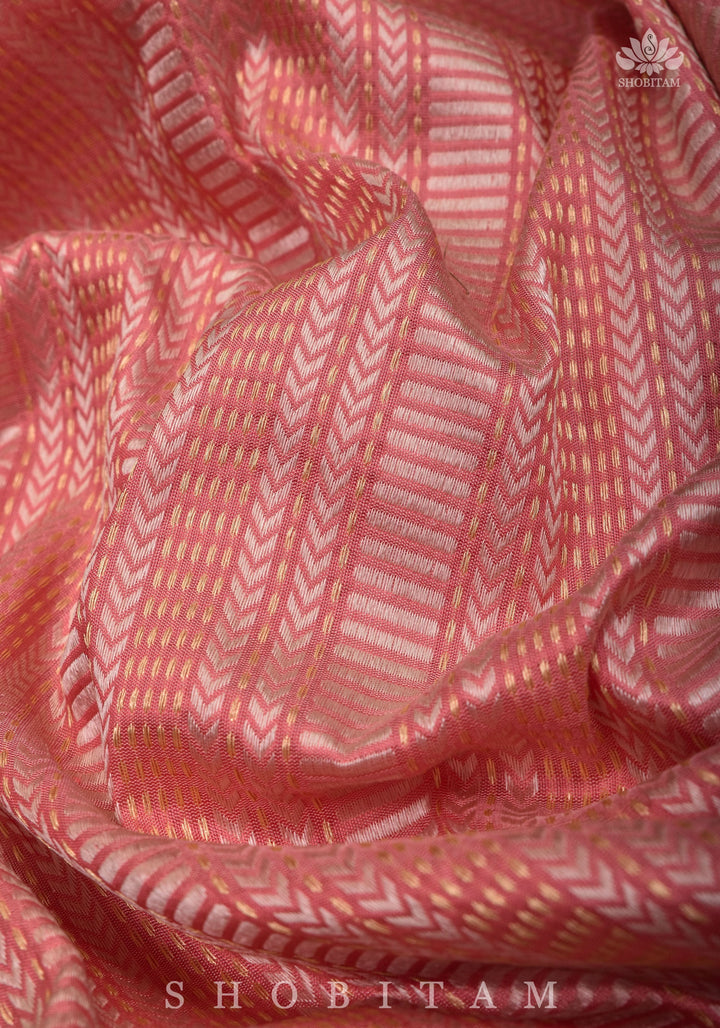 Peachy Pink Banarasi Brocade Silk Saree with Kadhiyal  Border | SILK MARK CERTIFIED