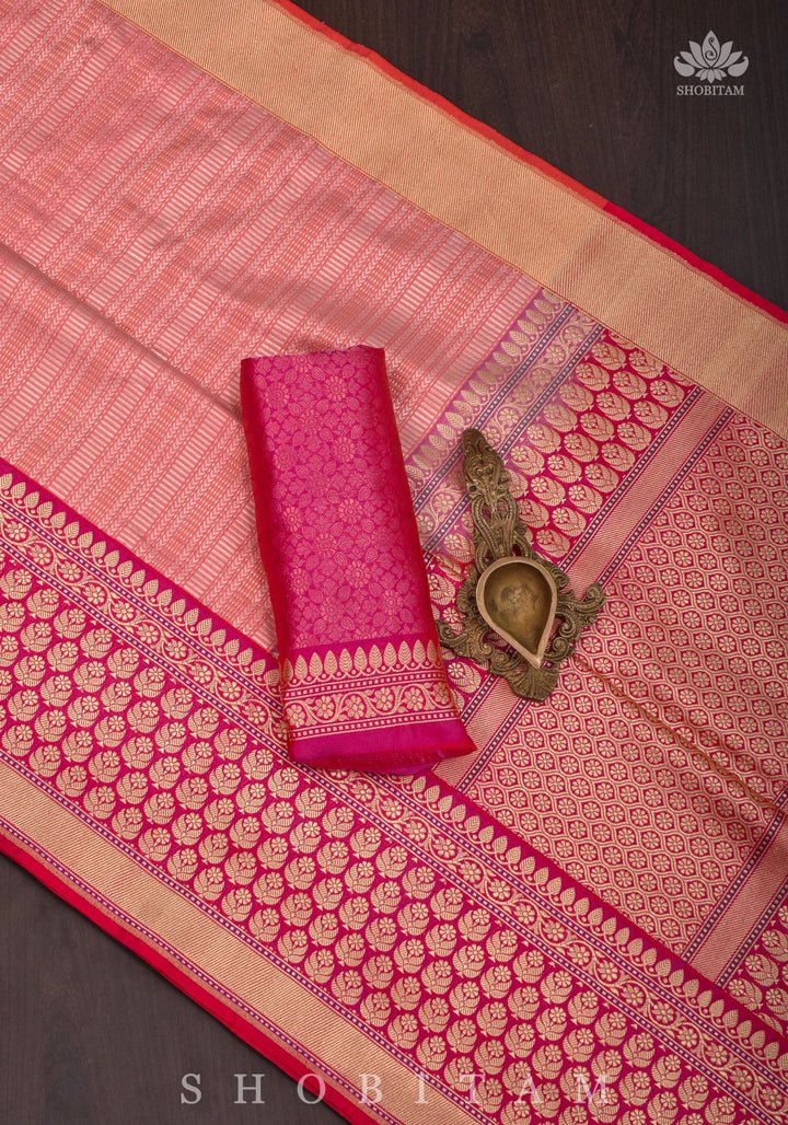 Peachy Pink Banarasi Brocade Silk Saree with Kadhiyal  Border | SILK MARK CERTIFIED