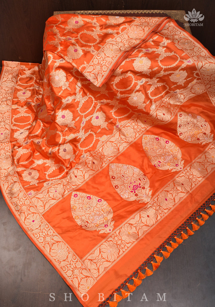 Kadhuwa Meenakari Authentic handwoven Banarasi Katan Silk Saree in Orange | SILK MARK CERTIFIED