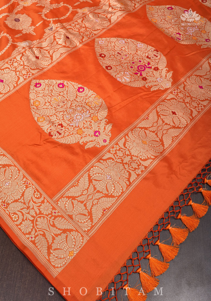 Kadhuwa Meenakari Authentic handwoven Banarasi Katan Silk Saree in Orange | SILK MARK CERTIFIED