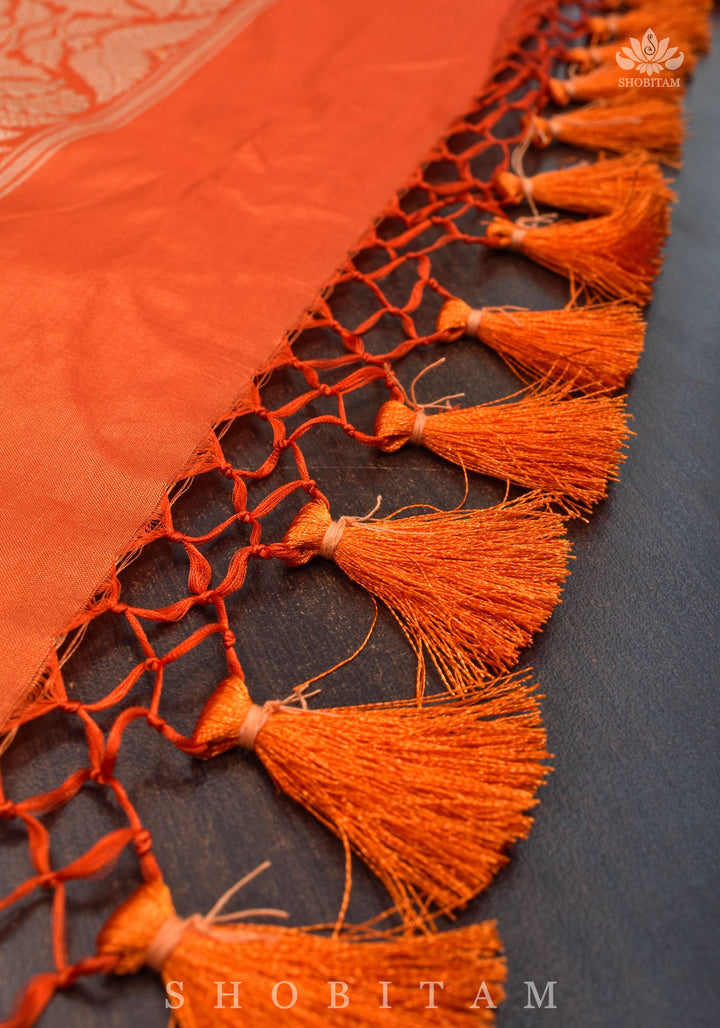 Kadhuwa Meenakari Authentic handwoven Banarasi Katan Silk Saree in Orange | SILK MARK CERTIFIED