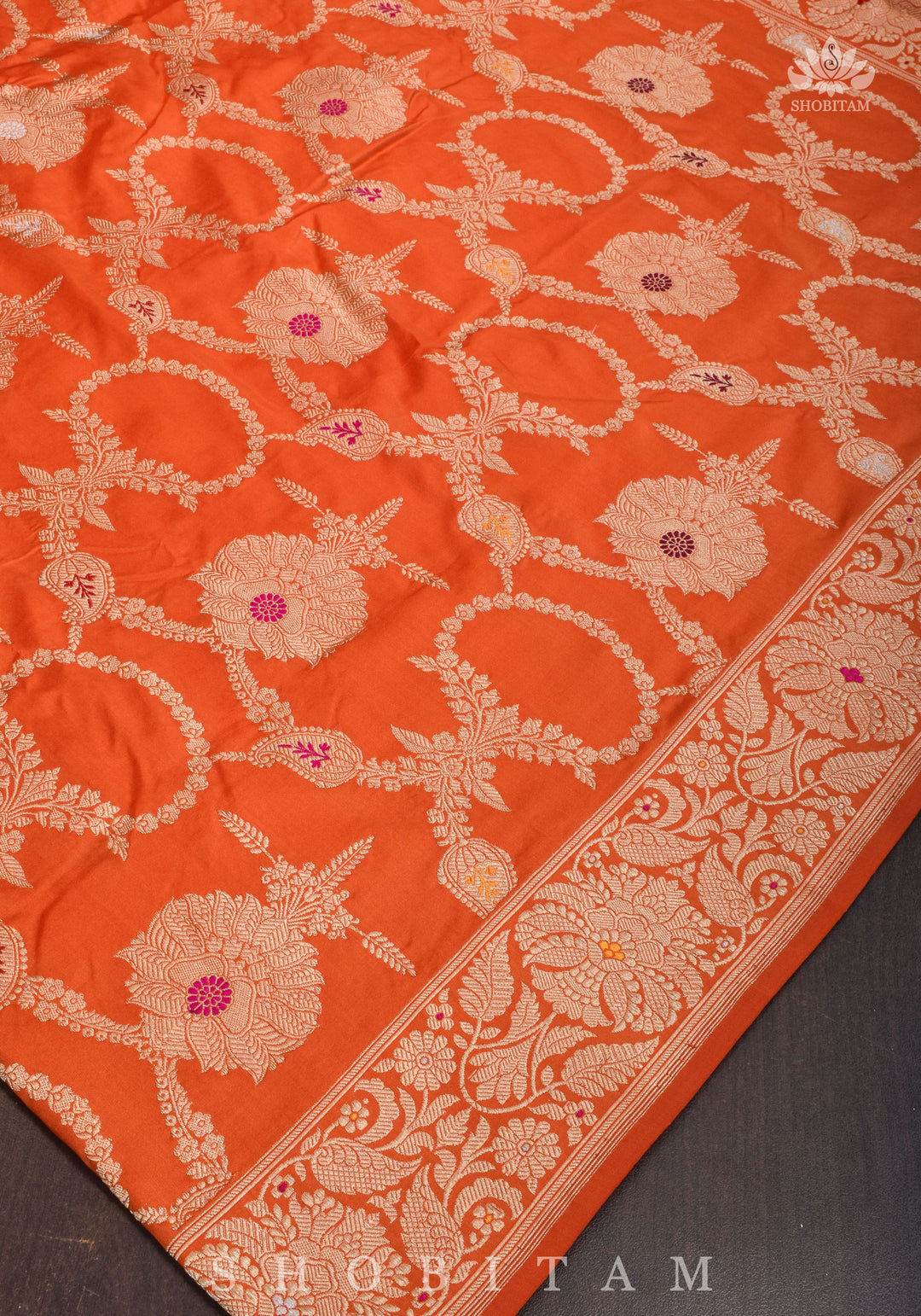 Kadhuwa Meenakari Authentic handwoven Banarasi Katan Silk Saree in Orange | SILK MARK CERTIFIED