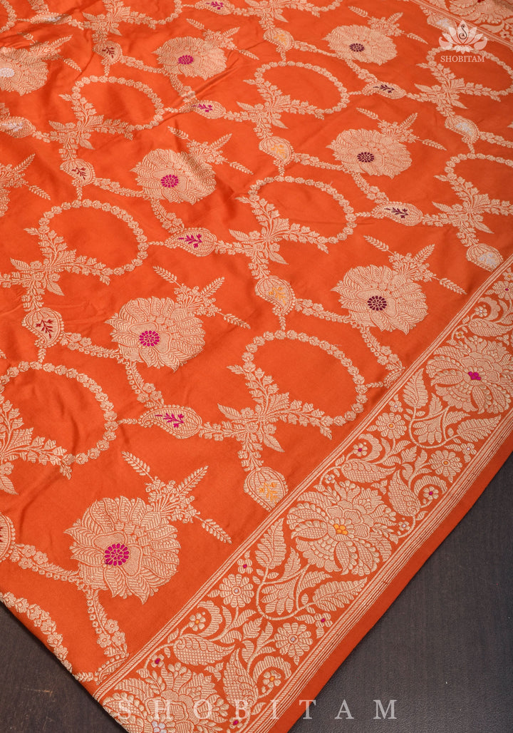 Kadhuwa Meenakari Authentic handwoven Banarasi Katan Silk Saree in Orange | SILK MARK CERTIFIED