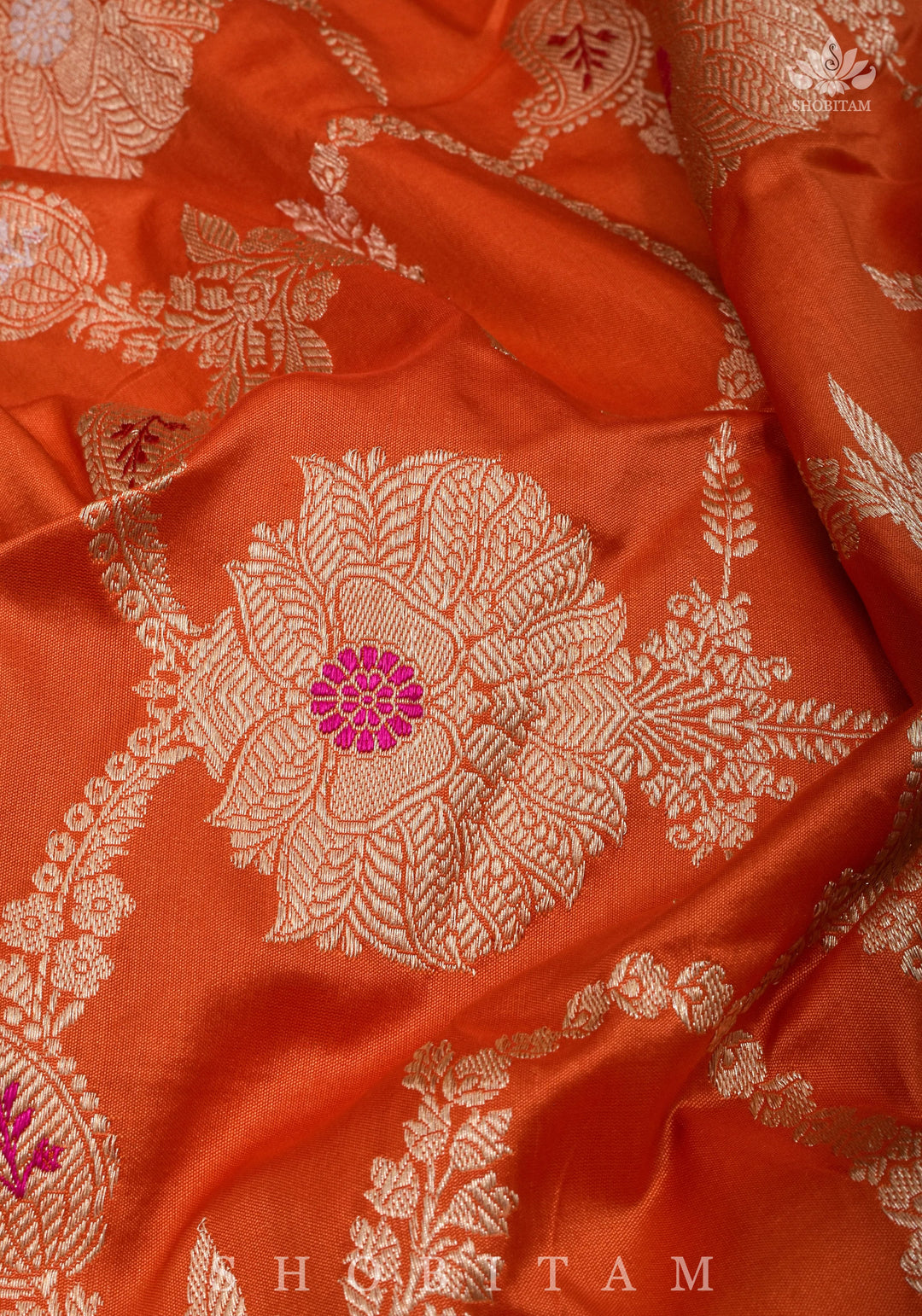 Kadhuwa Meenakari Authentic handwoven Banarasi Katan Silk Saree in Orange | SILK MARK CERTIFIED