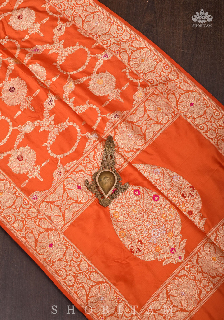 Kadhuwa Meenakari Authentic handwoven Banarasi Katan Silk Saree in Orange | SILK MARK CERTIFIED