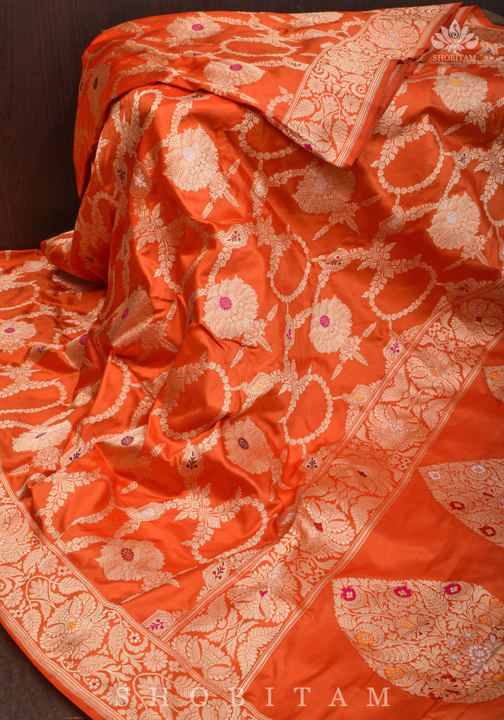 Kadhuwa Meenakari Authentic handwoven Banarasi Katan Silk Saree in Orange | SILK MARK CERTIFIED