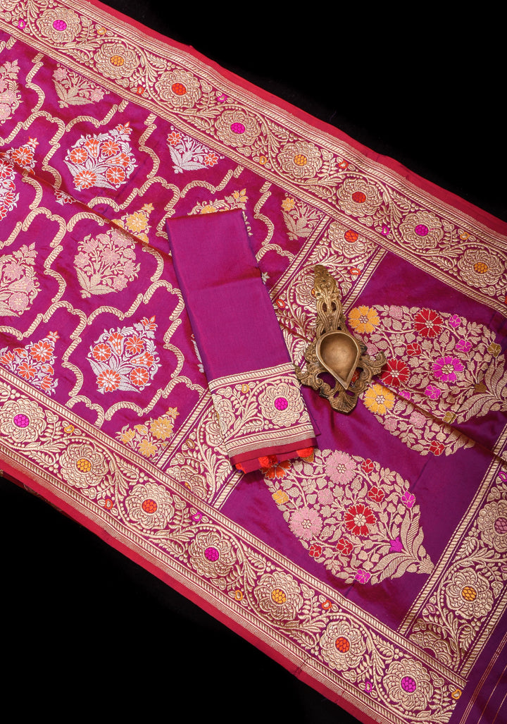 Authentic Kadhuwa Jungla Multi-color Meenakari Jaal Banarasi Silk Saree in Plum with Grand Pallu and Zari  | SILK MARK CERTIFIED