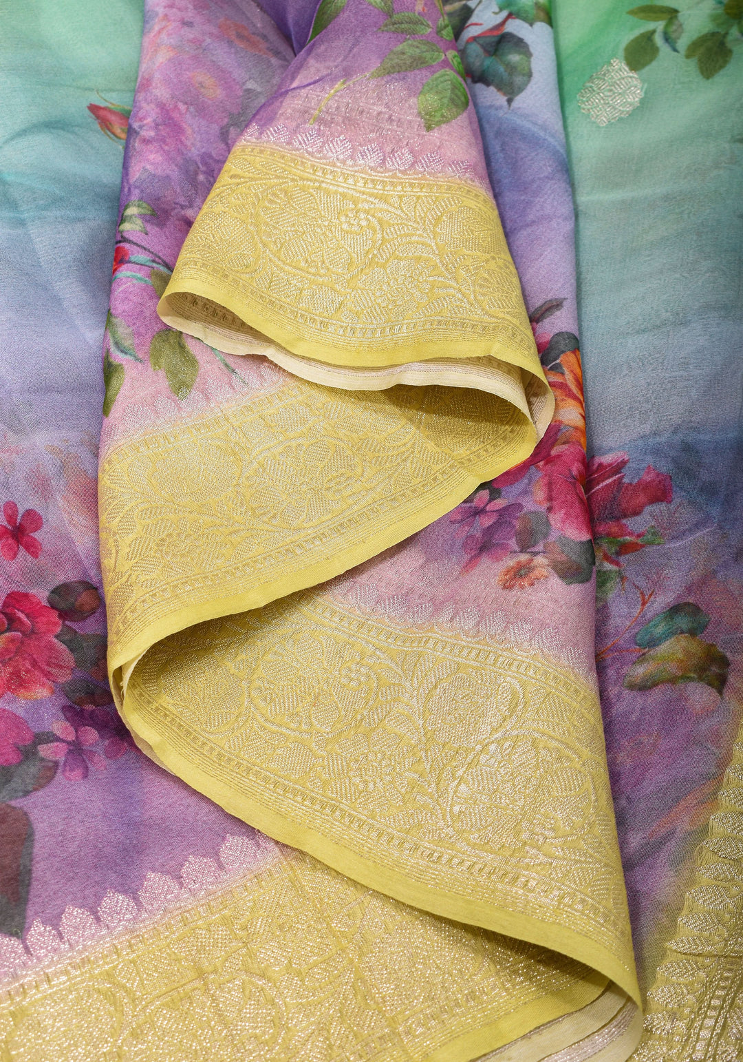 Ombre  Pure Silk Banarasi Chiffon Saree  in Multicolor with Floral Printing and  Zari | SILK MARK CERTIFIED
