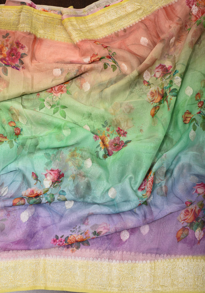 Ombre  Pure Silk Banarasi Chiffon Saree  in Multicolor with Floral Printing and  Zari | SILK MARK CERTIFIED
